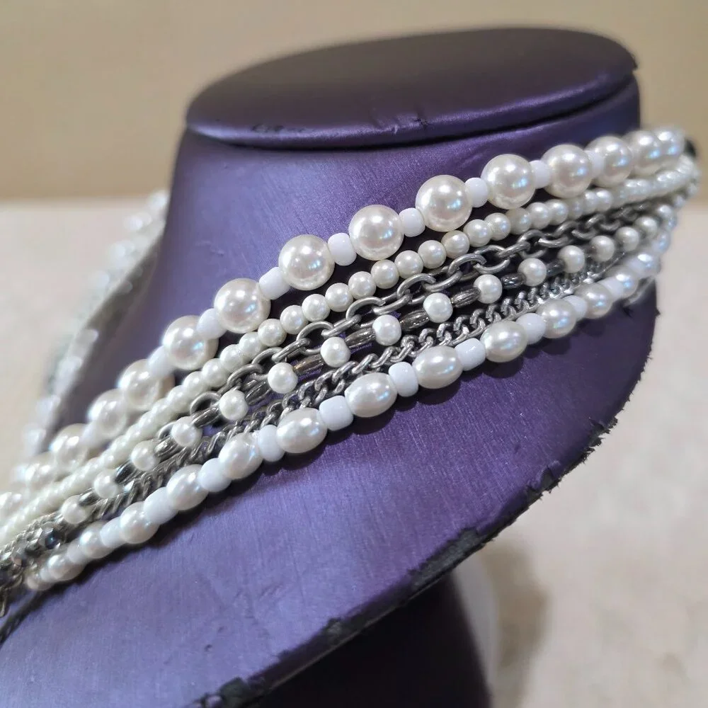Pearls and Silver Chains Six 6 Strand Layered Vintage Long Elegant Necklace